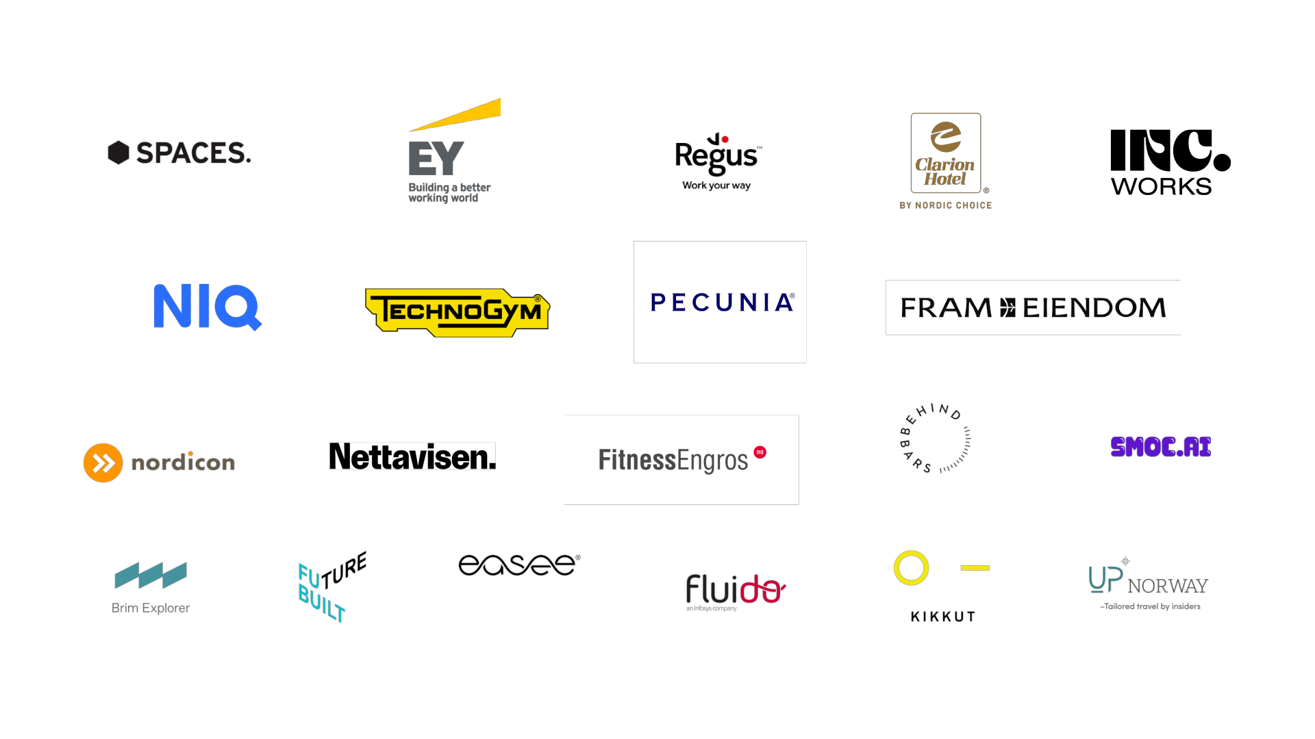 Logoer for utvalgte kunder og samarbeidspartnere, blant andre Spaces, EY, Regus, Clarion Hotel, NIQ, Technogym, Pecunia, Fram Eiendom og Nettavisen